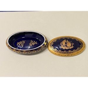 Vintage Limoges France porcelain trinket Dish cobalt blue~gold accents‎